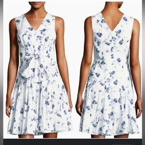 Rebecca Taylor Floral Dress navy blue and white bow midi swing size 4